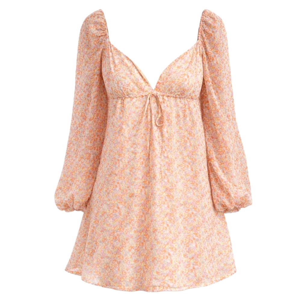 Isalis Floral Tie-Front V-Neck Mini Dress Puff Sleeve Coquette‎